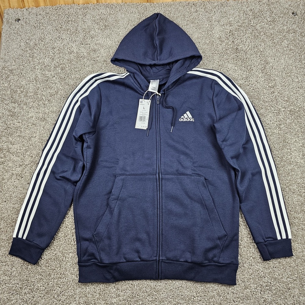 Adidas Hoodie Mens Large Navy Blue Essentials Fleece 3 Stripes Full Zip NWT